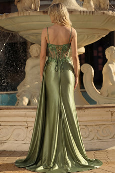 Meerjungfrauengras grün perlenbesetztes, transparentes Korsett, langes Abschlussballkleid mit Schlitz