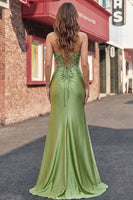 Laden Sie das Bild in den Galerie-Viewer, Grünes Korsett, Meerjungfrau-Spaghettiträger, Satin, langes Abschlussballkleid mit Schlitz