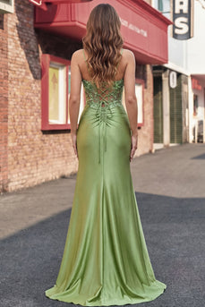 Grünes Korsett, Meerjungfrau-Spaghettiträger, Satin, langes Abschlussballkleid mit Schlitz