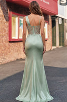 Laden Sie das Bild in den Galerie-Viewer, Grünes gerafftes Pailletten-Meerjungfrauen-Korsett-Abschlussballkleid