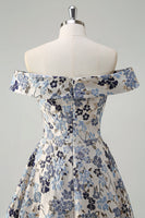 Laden Sie das Bild in den Galerie-Viewer, Glitzerndes blaues Blumen Prinzessin schulterfreies Gerafftes langes Ballkleid mit Schlitz