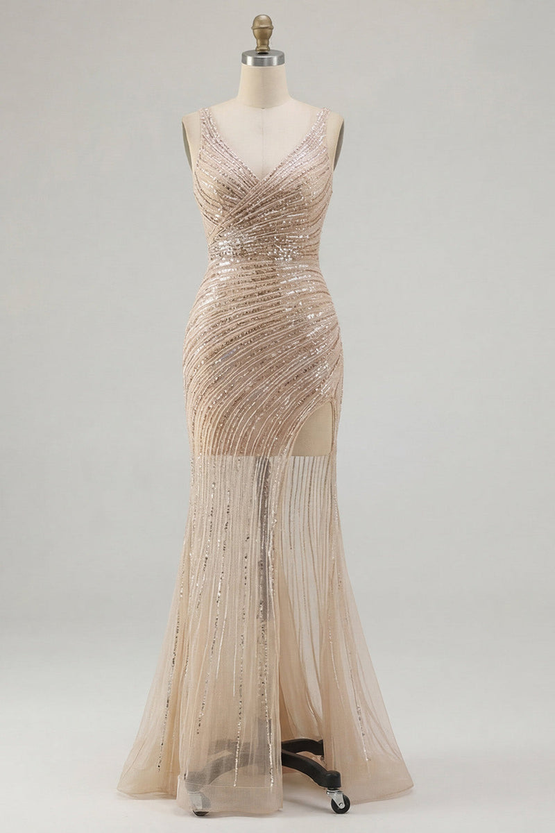 Laden Sie das Bild in den Galerie-Viewer, Goldenes V-Ausschnitt Meerjungfrauen-Pailletten-Abschlusskleid mit Schlitz