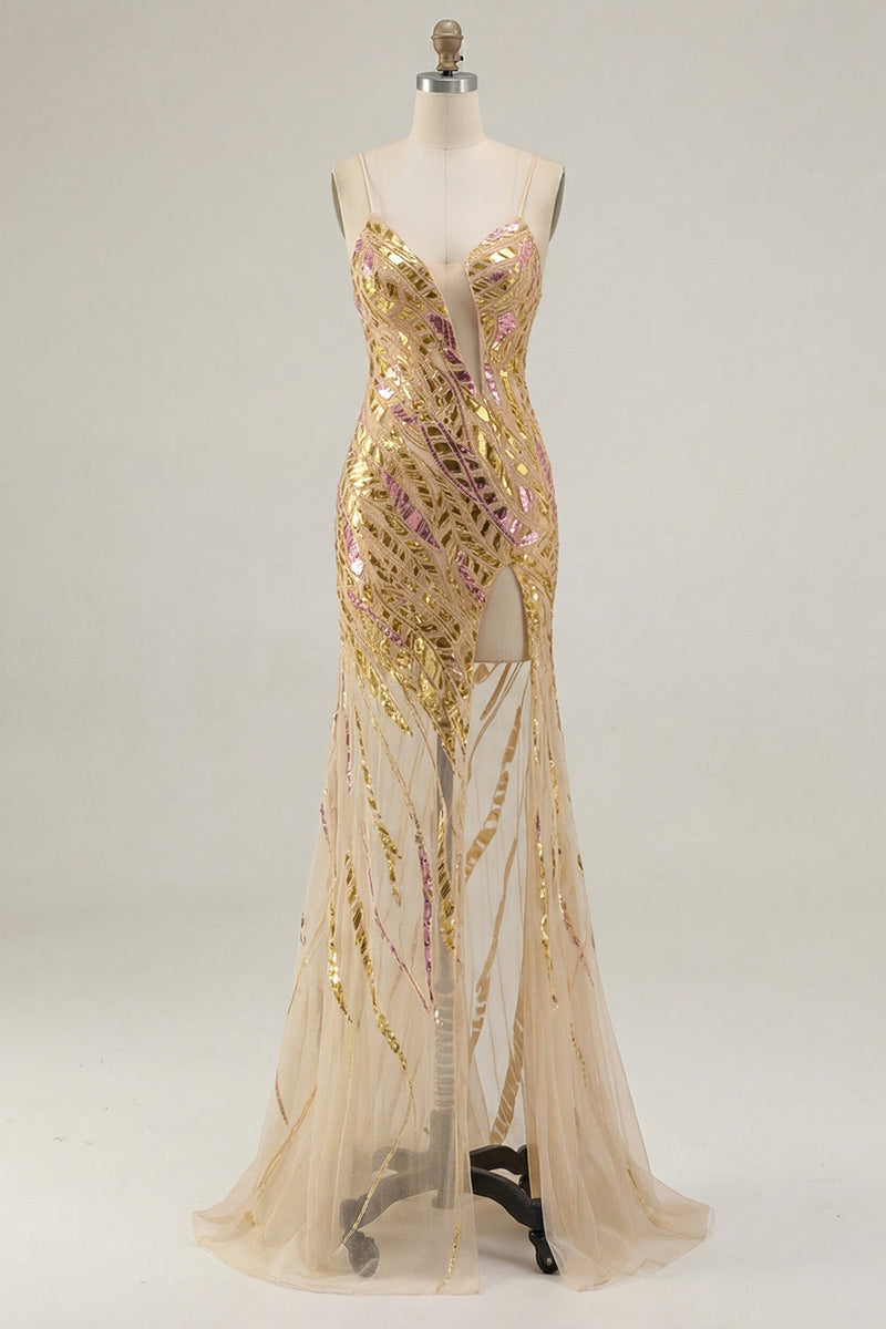 Laden Sie das Bild in den Galerie-Viewer, Glitzerndes goldenes Spaghettiträger-Meerjungfrauen-Abschlussballkleid mit Schlitz