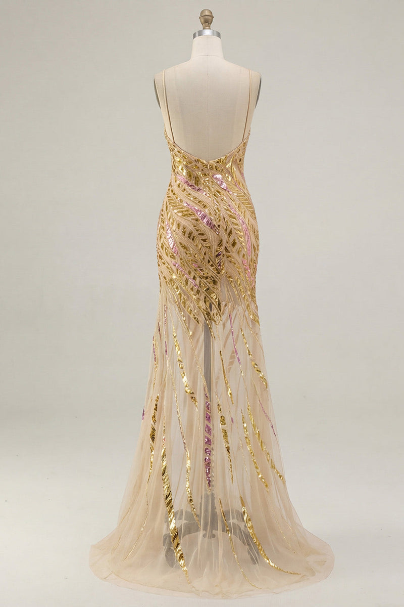 Laden Sie das Bild in den Galerie-Viewer, Glitzerndes goldenes Spaghettiträger-Meerjungfrauen-Abschlussballkleid mit Schlitz