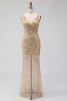 Laden Sie das Bild in den Galerie-Viewer, Goldenes V-Ausschnitt durchsichtiges Meerjungfrauen-Pailletten-Abschlussballkleid