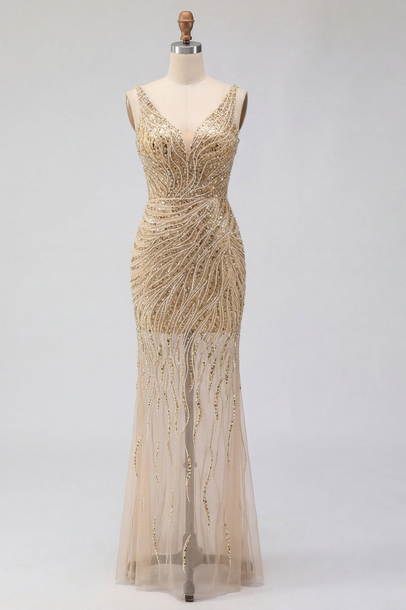 Laden Sie das Bild in den Galerie-Viewer, Goldenes V-Ausschnitt durchsichtiges Meerjungfrauen-Pailletten-Abschlussballkleid