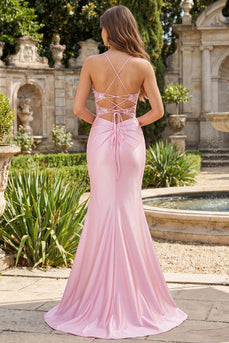 Pinkes Blumen-Meerjungfrauen-Korsett-Abschlussballkleid mit Schlitz