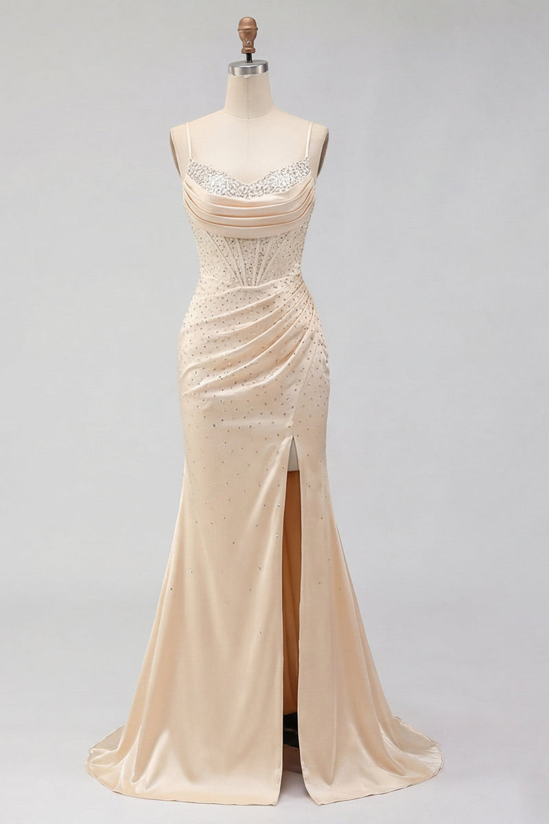 Laden Sie das Bild in den Galerie-Viewer, Champagnerperlenbesetztes Meerjungfrauen-Korsett-Abschlussballkleid