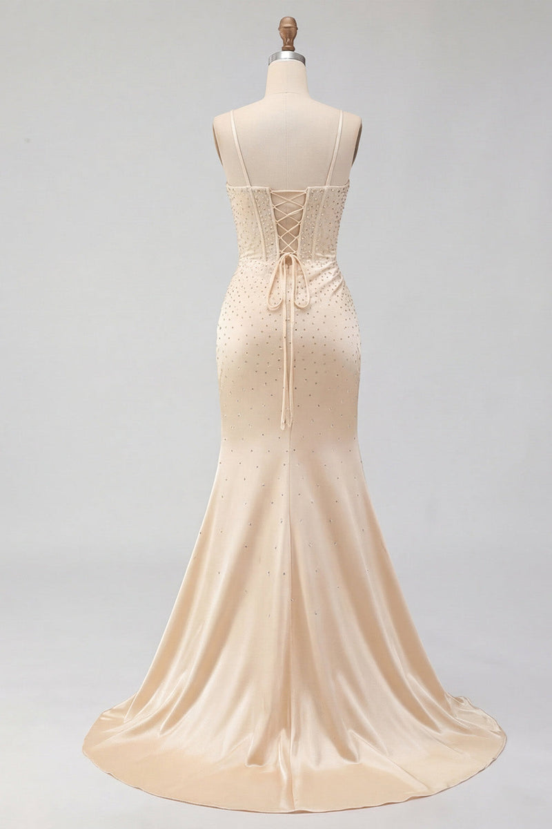 Laden Sie das Bild in den Galerie-Viewer, Champagnerperlenbesetztes Meerjungfrauen-Korsett-Abschlussballkleid