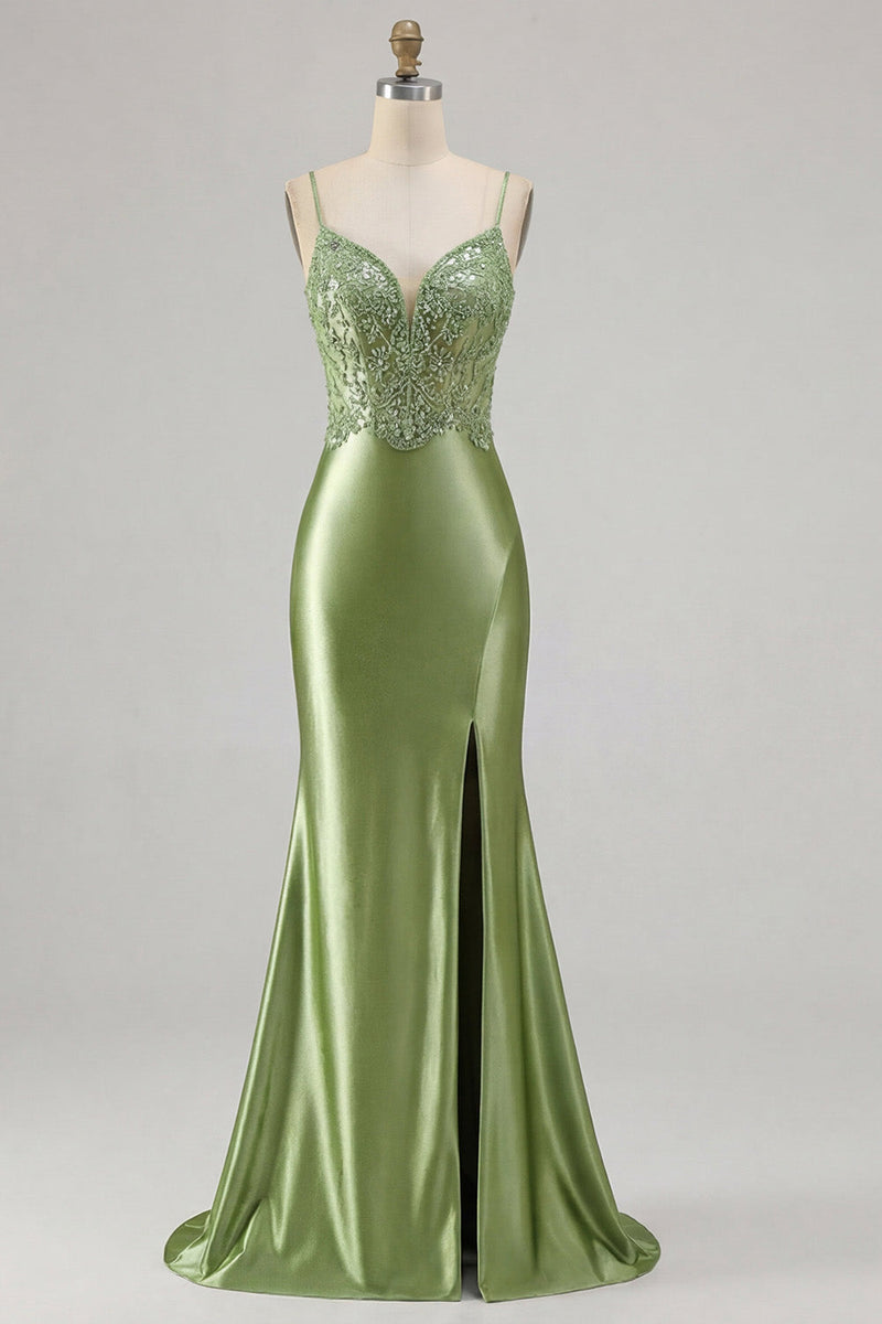 Laden Sie das Bild in den Galerie-Viewer, Grünes applikiertes Meerjungfrauen-Abschlussballkleid mit Schlitz