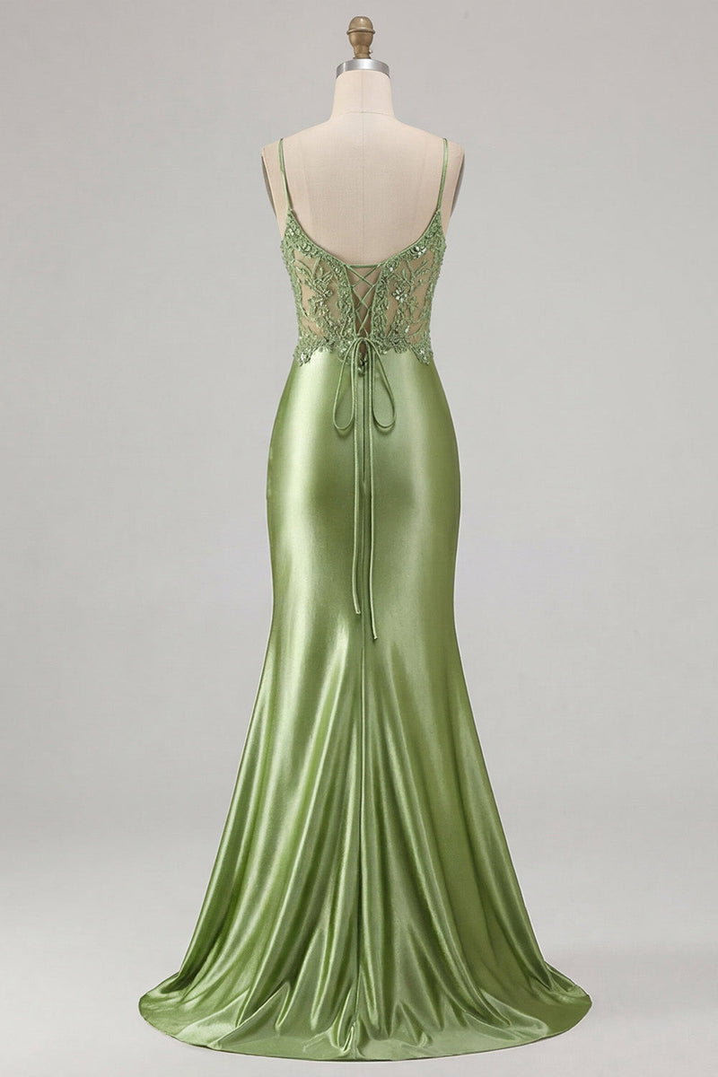 Laden Sie das Bild in den Galerie-Viewer, Grünes applikiertes Meerjungfrauen-Abschlussballkleid mit Schlitz