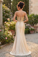 Laden Sie das Bild in den Galerie-Viewer, Sweetheart Champagner-Perlen-Meerjungfrauen-Korsett Langes Abschlussballkleid mit Schlitz