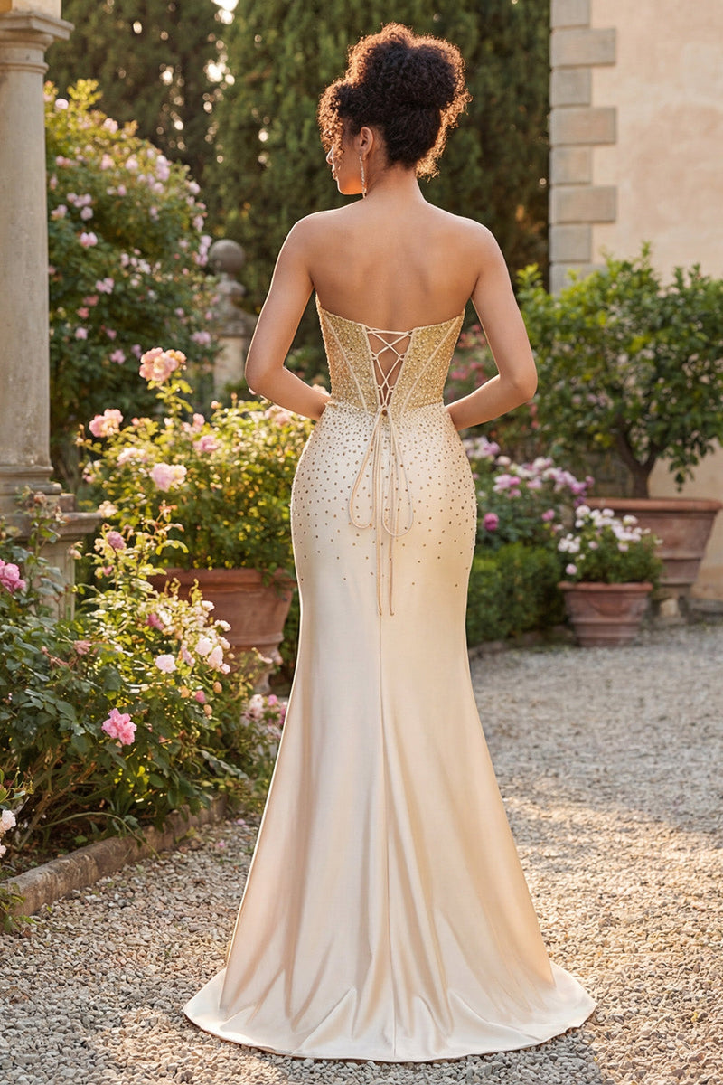 Laden Sie das Bild in den Galerie-Viewer, Sweetheart Champagner-Perlen-Meerjungfrauen-Korsett Langes Abschlussballkleid mit Schlitz