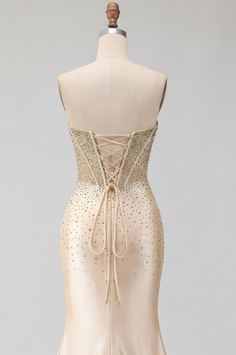Laden Sie das Bild in den Galerie-Viewer, Sweetheart Champagner-Perlen-Meerjungfrauen-Korsett Langes Abschlussballkleid mit Schlitz