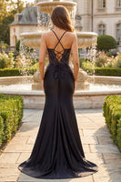 Laden Sie das Bild in den Galerie-Viewer, Schwarz Perlen-Meerjungfrauen-Korsett, gerafftes langes Abschlussballkleid mit Schlitz