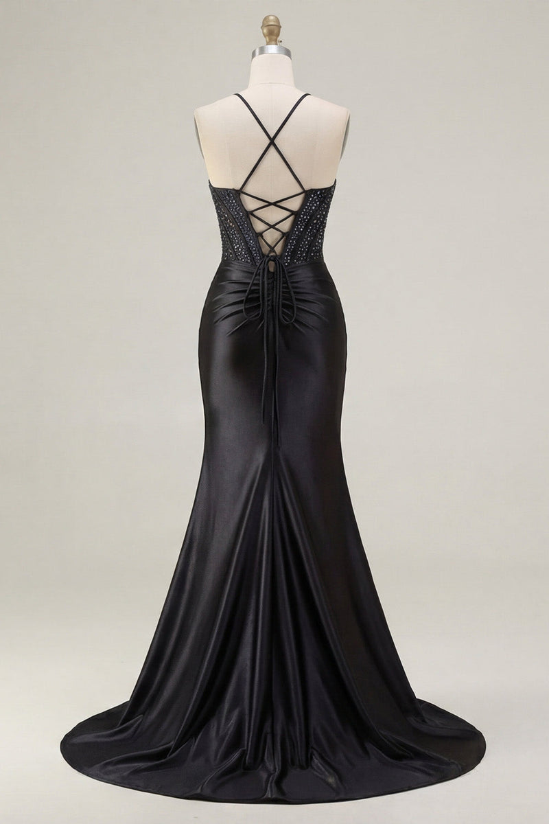 Laden Sie das Bild in den Galerie-Viewer, Schwarz Perlen-Meerjungfrauen-Korsett, gerafftes langes Abschlussballkleid mit Schlitz