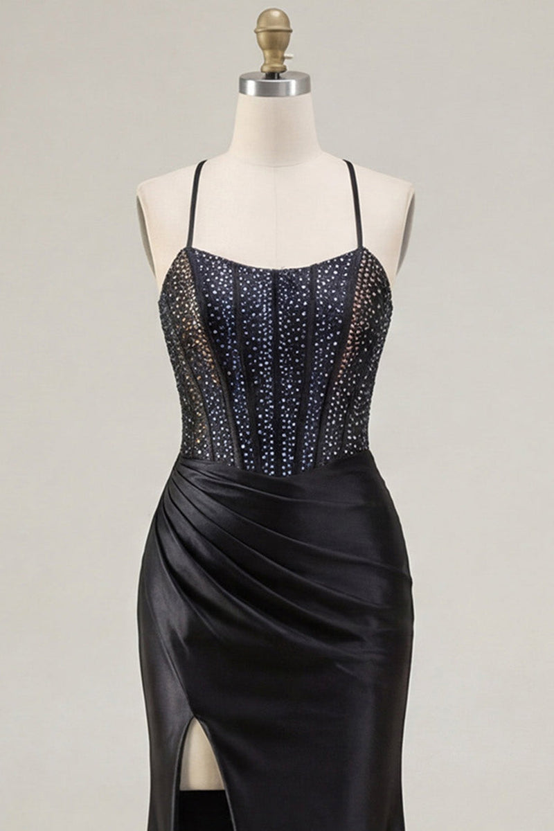 Laden Sie das Bild in den Galerie-Viewer, Schwarz Perlen-Meerjungfrauen-Korsett, gerafftes langes Abschlussballkleid mit Schlitz