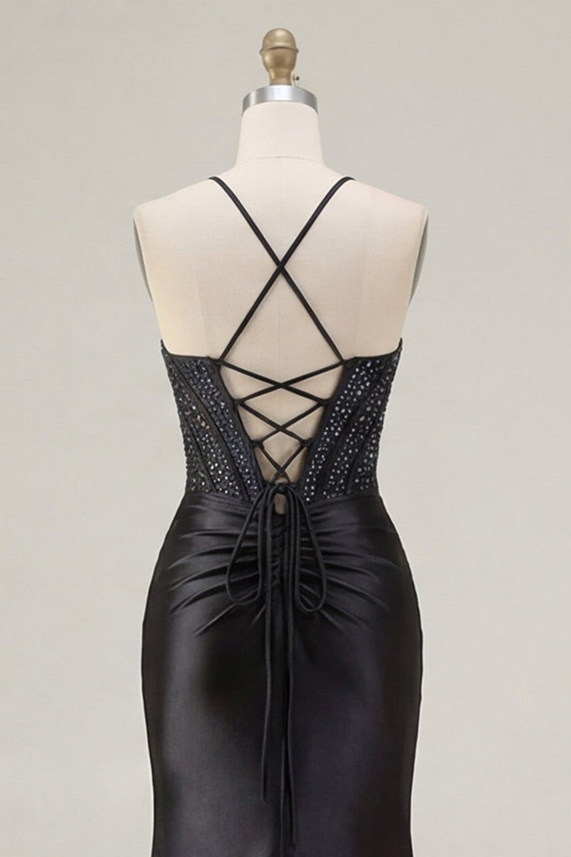 Laden Sie das Bild in den Galerie-Viewer, Schwarz Perlen-Meerjungfrauen-Korsett, gerafftes langes Abschlussballkleid mit Schlitz