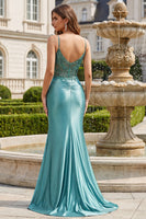 Laden Sie das Bild in den Galerie-Viewer, Langes Abschlussballkleid mit blauem Meerjungfrauen-Korsett und Schlitz