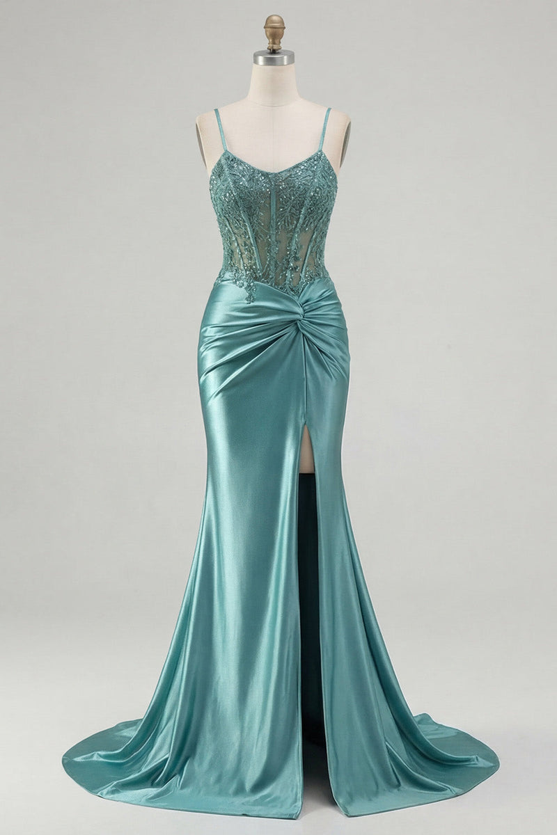 Laden Sie das Bild in den Galerie-Viewer, Langes Abschlussballkleid mit blauem Meerjungfrauen-Korsett und Schlitz