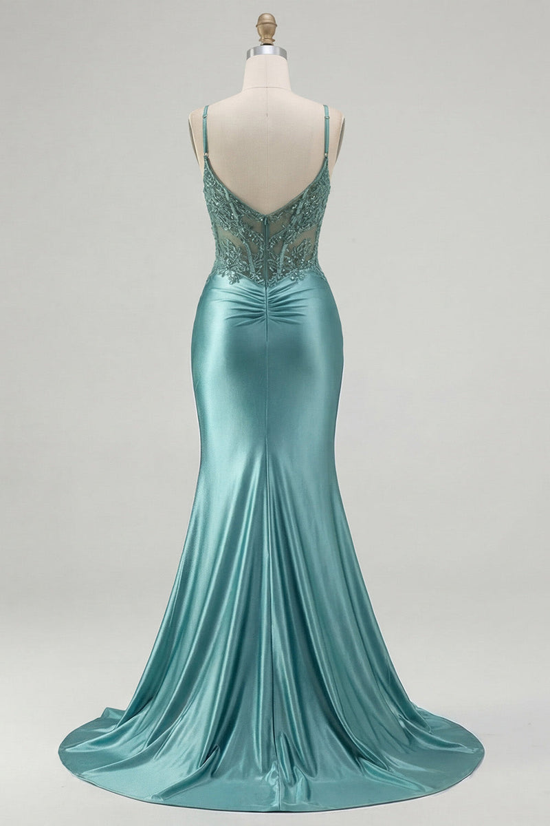 Laden Sie das Bild in den Galerie-Viewer, Langes Abschlussballkleid mit blauem Meerjungfrauen-Korsett und Schlitz