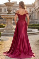 Laden Sie das Bild in den Galerie-Viewer, Burgunderrotes Kaltschulter-Pailletten-Meerjungfrauen-Langball-Kleid mit Schlitz