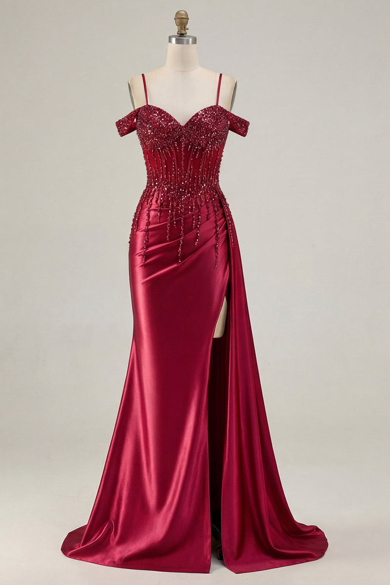 Laden Sie das Bild in den Galerie-Viewer, Burgunderrotes Kaltschulter-Pailletten-Meerjungfrauen-Langball-Kleid mit Schlitz