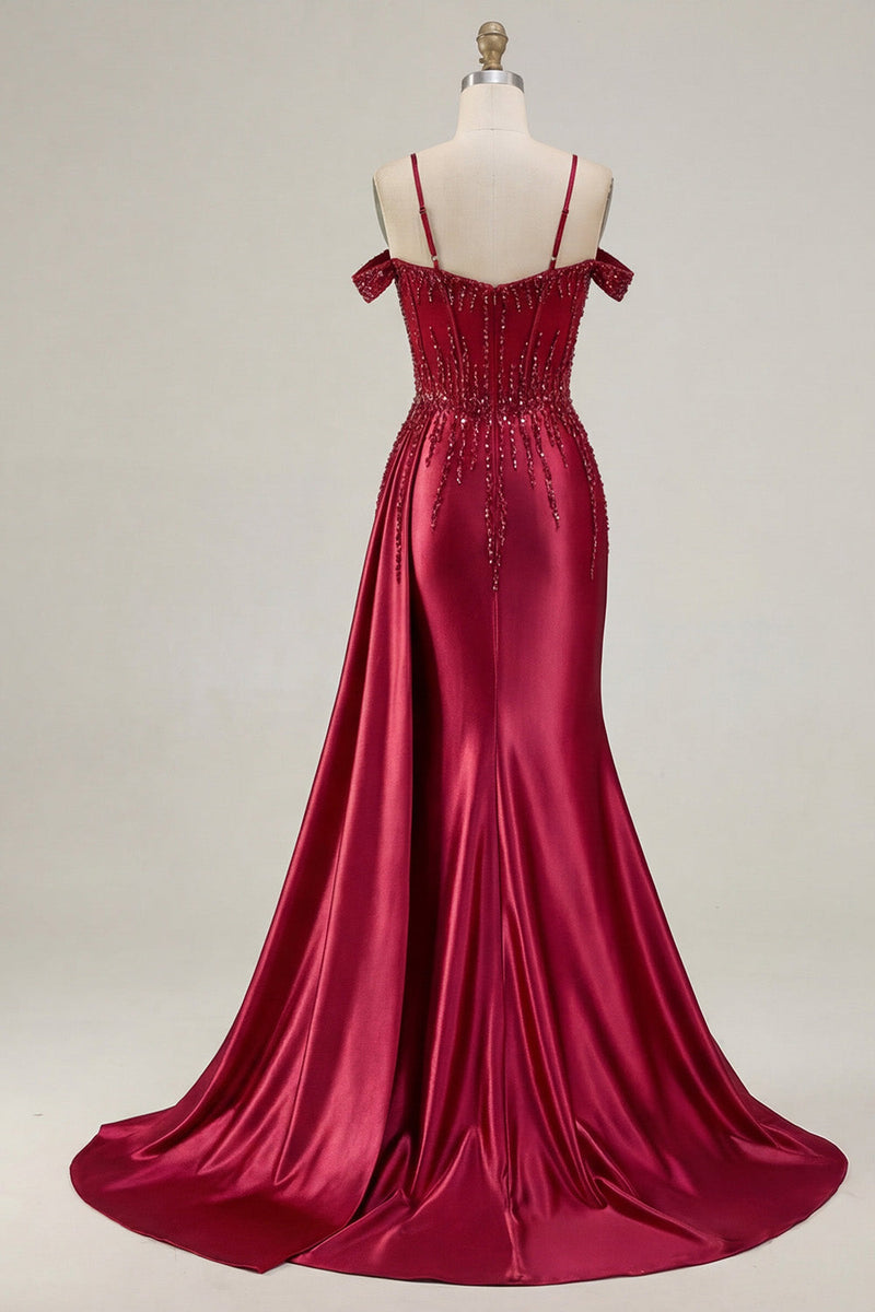 Laden Sie das Bild in den Galerie-Viewer, Burgunderrotes Kaltschulter-Pailletten-Meerjungfrauen-Langball-Kleid mit Schlitz