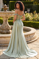 Laden Sie das Bild in den Galerie-Viewer, Kalt-Schulter-Hellgrünes Meerjungfrauen-Korsett mit Pailletten-Langball-Kleid mit Schlitz