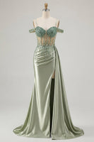 Laden Sie das Bild in den Galerie-Viewer, Kalt-Schulter-Hellgrünes Meerjungfrauen-Korsett mit Pailletten-Langball-Kleid mit Schlitz
