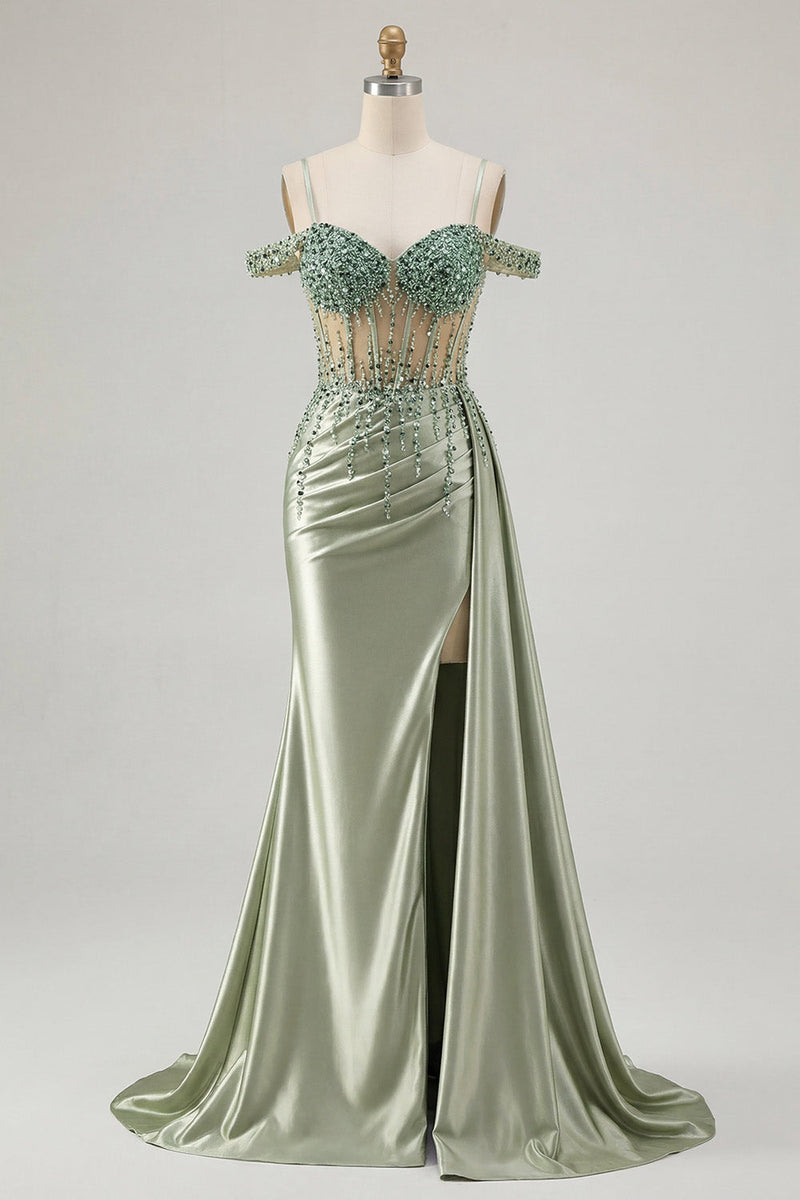 Laden Sie das Bild in den Galerie-Viewer, Kalt-Schulter-Hellgrünes Meerjungfrauen-Korsett mit Pailletten-Langball-Kleid mit Schlitz