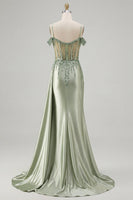 Laden Sie das Bild in den Galerie-Viewer, Kalt-Schulter-Hellgrünes Meerjungfrauen-Korsett mit Pailletten-Langball-Kleid mit Schlitz