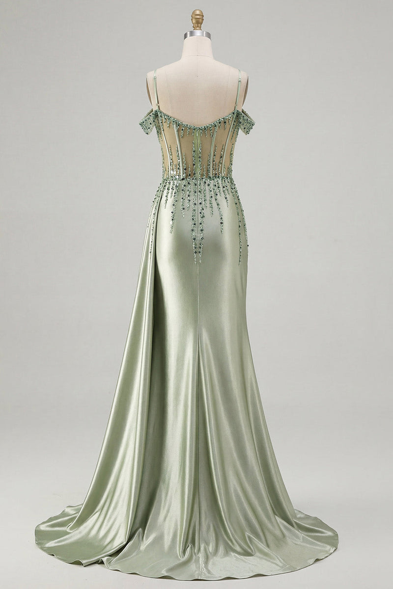 Laden Sie das Bild in den Galerie-Viewer, Kalt-Schulter-Hellgrünes Meerjungfrauen-Korsett mit Pailletten-Langball-Kleid mit Schlitz