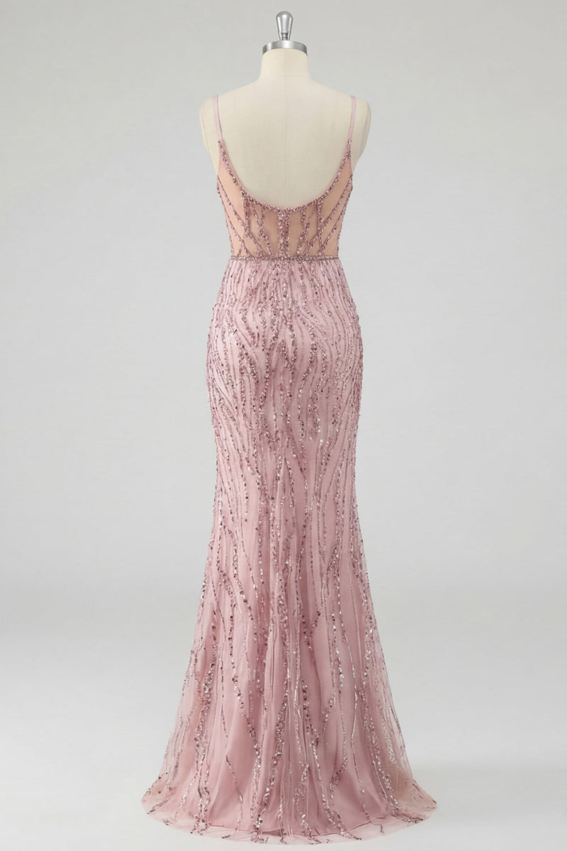 Laden Sie das Bild in den Galerie-Viewer, Pailletten-Rouge-Meerjungfrauen-Korsett-Abschlussballkleid mit Schlitz