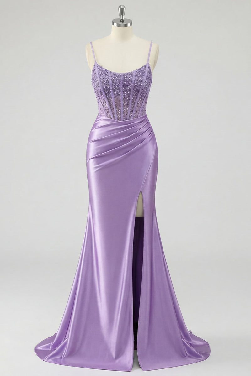 Laden Sie das Bild in den Galerie-Viewer, Lavendelfarbenes Korsett-Meerjungfrauen-Abschlussballkleid mit Schlitz