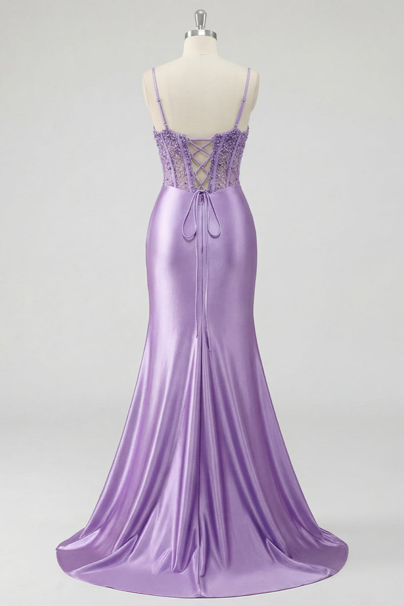 Laden Sie das Bild in den Galerie-Viewer, Lavendelfarbenes Korsett-Meerjungfrauen-Abschlussballkleid mit Schlitz