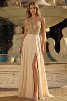 Laden Sie das Bild in den Galerie-Viewer, Champagner-Pailletten Ein durchsichtiges Korsett, langes Abschlussballkleid mit Schlitz