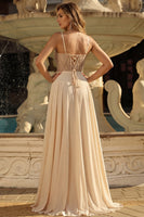 Laden Sie das Bild in den Galerie-Viewer, Champagner-Pailletten Ein durchsichtiges Korsett, langes Abschlussballkleid mit Schlitz