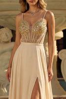 Laden Sie das Bild in den Galerie-Viewer, Champagner-Pailletten Ein durchsichtiges Korsett, langes Abschlussballkleid mit Schlitz