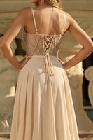 Laden Sie das Bild in den Galerie-Viewer, Champagner-Pailletten Ein durchsichtiges Korsett, langes Abschlussballkleid mit Schlitz