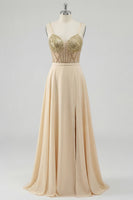 Laden Sie das Bild in den Galerie-Viewer, Champagner-Pailletten Ein durchsichtiges Korsett, langes Abschlussballkleid mit Schlitz