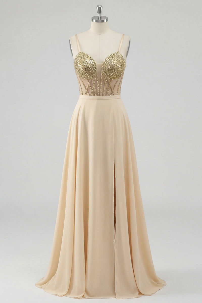 Laden Sie das Bild in den Galerie-Viewer, Champagner-Pailletten Ein durchsichtiges Korsett, langes Abschlussballkleid mit Schlitz