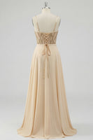 Laden Sie das Bild in den Galerie-Viewer, Champagner-Pailletten Ein durchsichtiges Korsett, langes Abschlussballkleid mit Schlitz