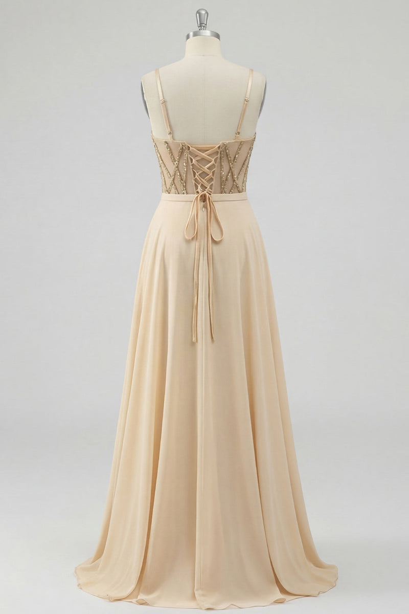 Laden Sie das Bild in den Galerie-Viewer, Champagner-Pailletten Ein durchsichtiges Korsett, langes Abschlussballkleid mit Schlitz