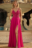 Laden Sie das Bild in den Galerie-Viewer, Rose A Line Spitze Rücken, Spaghettiträger, langes Abschlussballkleid mit Schlitz