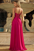 Laden Sie das Bild in den Galerie-Viewer, Rose A Line Spitze Rücken, Spaghettiträger, langes Abschlussballkleid mit Schlitz