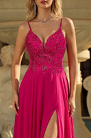 Laden Sie das Bild in den Galerie-Viewer, Rose A Line Spitze Rücken, Spaghettiträger, langes Abschlussballkleid mit Schlitz