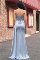 Laden Sie das Bild in den Galerie-Viewer, Staubiges blaues Korsett, Meerjungfrauen-Spitzen-Rücken, langes Abschlussballkleid mit Schlitz