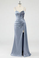 Laden Sie das Bild in den Galerie-Viewer, Staubiges blaues Korsett, Meerjungfrauen-Spitzen-Rücken, langes Abschlussballkleid mit Schlitz