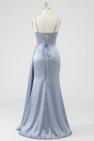 Laden Sie das Bild in den Galerie-Viewer, Staubiges blaues Korsett, Meerjungfrauen-Spitzen-Rücken, langes Abschlussballkleid mit Schlitz